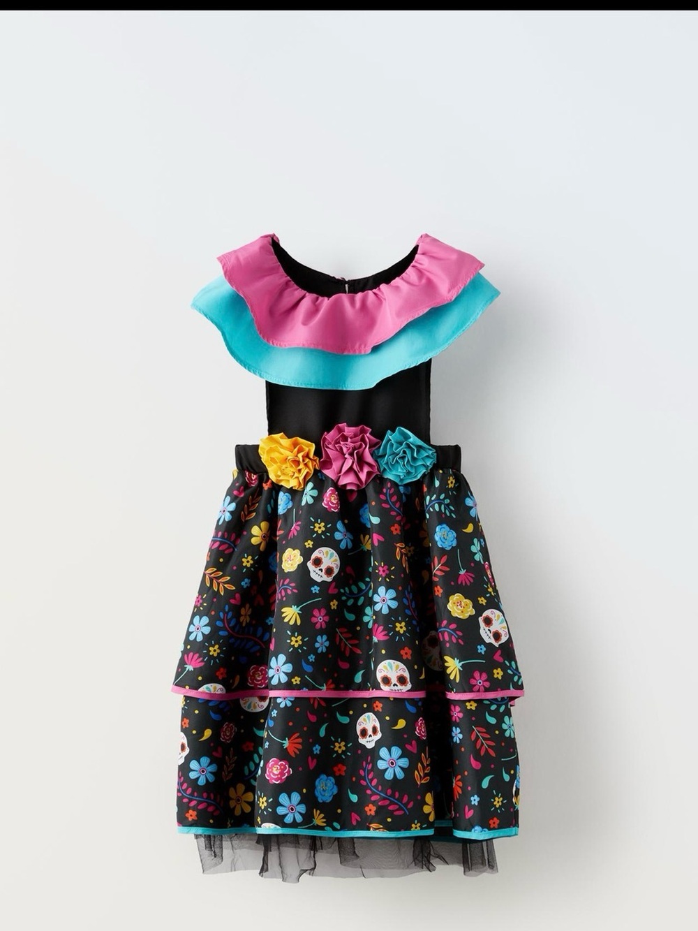 Zara Black Floral Sugar Skull Costume Dress with Pink & Teal Ruffles